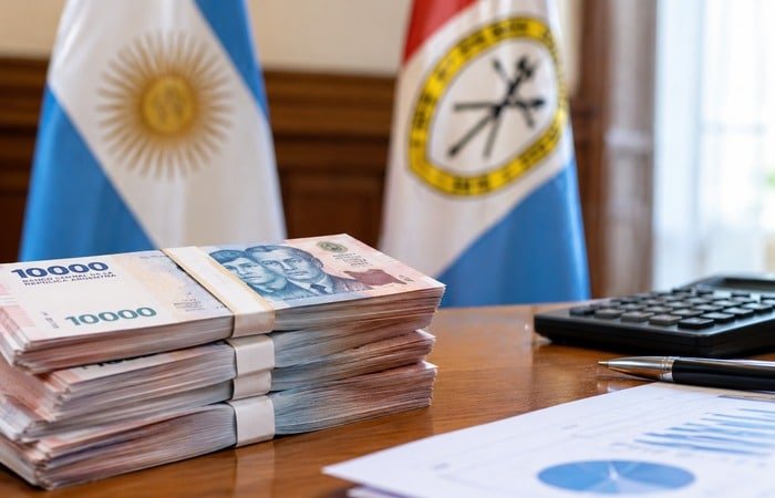 Billetes argentinos y banderas institucionales en una escena vinculada a las finanzas públicas de Santa Fe.